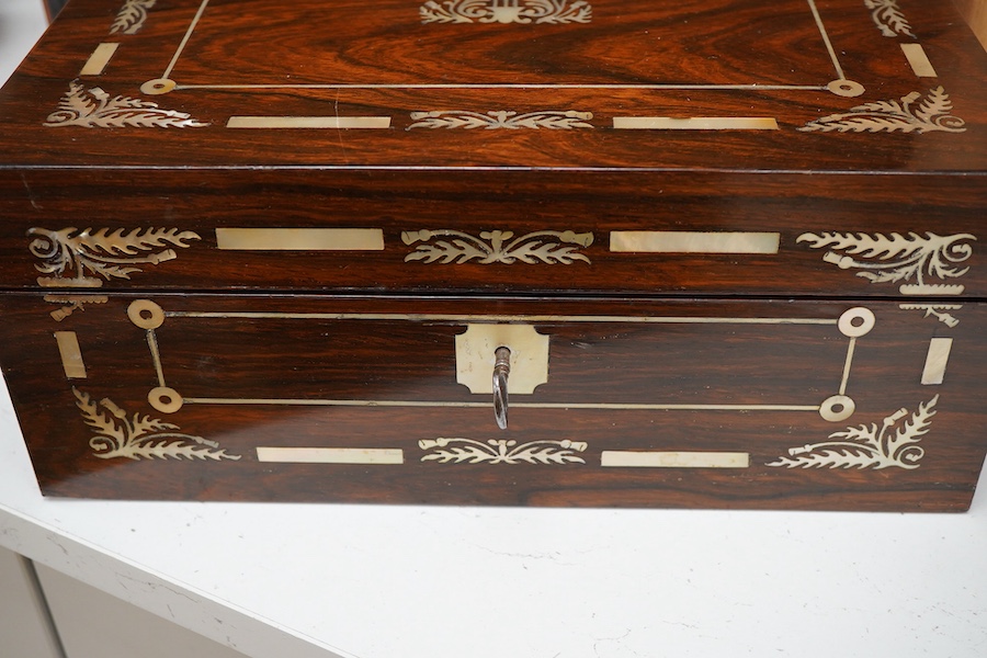 An early Victorian rosewood mother of pearl inlaid work box and burr walnut with slope